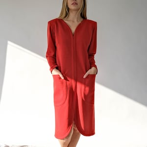 Vintage 80s Yves Saint Laurent Rive Gauche Red Broad Shoulder Wool Dress w/ Zip Front & Pockets | Made in France | 1980s YSL Designer Dress