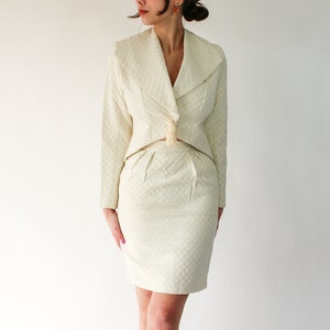 Vintage 80s Streetside by Gabrielle Ivory Cream Diamond Brocade Bolero & High Waisted Skirt Set | Made in USA | UNWORN | 1980s Designer Suit