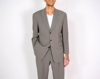Vintage 90s Giorgio Armani Le Collezioni for Saks Fifth Avenue Dark Olive Gray Pinstripe Suit | Made in Italy | 1990s Armani Designer Suit