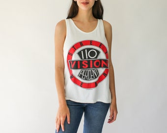 Vintage 80s Vision Streetwear Front and Back Print Cropped White Tank Top | Made in USA | 1980s Skateboard, Streetwear Tank Top T-Shirt