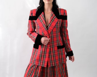 Vintage 90s Jacques Fath Boutique Quilted Red Plaid & Black Velvet Blazer w/ Gold Logo Buttons | Made in Paris | 1990s French Designer Coat