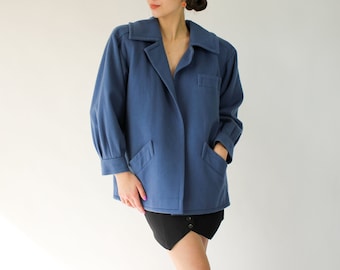 Vintage 80s Yves Saint Laurent Peacock Blue Wool Cropped Open Front Jacket w/ Broad Shoulders | Made in France | 1980s YSL Designer Coat