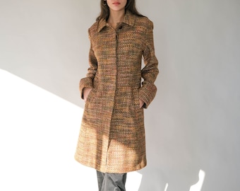 Vintage 90s Marvin Richards Olive Green & Pastel Boucle Wool Full Length Jacket | Bohemian, Uptown Chic | 1990s Designer Fancy Wool Overcoat