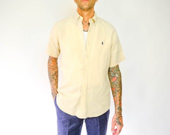 Vintage Ralph Lauren Polo Classic Fit Linen Button Up Shirt | 100% Linen | Workwear, Hip Hop, Streetwear | 1990s 2000s Polo Designer Shirt