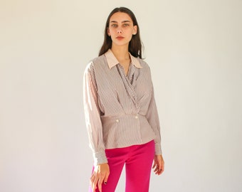 Vintage 80s Dusty Pink and Gray Striped Silk Double Breasted Cropped Blouse | 100% Silk | 1980s Designer Boho Plunging Neckline Silk Top