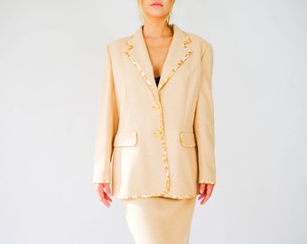 Vintage 90s ESCADA Light Sandy Tan Angora Boucle Skirt Suit w/ Silk Leopard Print Trim | Made in Germany | 1990s ESCADA Designer Skirt Set