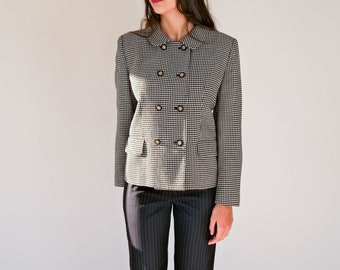 Vintage 80s Jones New York Houndstooth Cropped Double Breasted Jacket | Made in USA | 100% Wool | Gold Crested Buttons | 1980s Designer Coat
