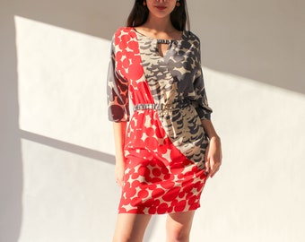 Vintage Y2K Yoana Baraschi Silk Gray & Blood Orange Abstract Polkadot Cinch Belt Dress | 100% Silk | Pattern on Pattern | 2000s Boho Dress