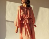 Vintage 70s Adri for Saks Fifth Avenue Blood Orange Peasant Peplum Dress with Floral Geometric Print 100 Cotton 1970s Prairie Dress