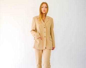 Vintage Escada Sport Light Tan Shimmer Cotton Blend Three Button Pant Suit | Made in Slovenia | 1990s Y2K Escada Designer Stretch Fit Suit