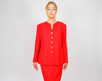 Vintage 90s Louis Feraud Scarlet Red Linen Blend Skirt Suit w/ Large Gold Buttons | Made in Germany | 1990s Designer Minimalist Power Suit