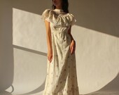 Vintage 70s Angelic White Floral Embroidered Prairie Maxi Dress with Violet Floral Print 1970s Western Style, Wedding Lace Boho Dress