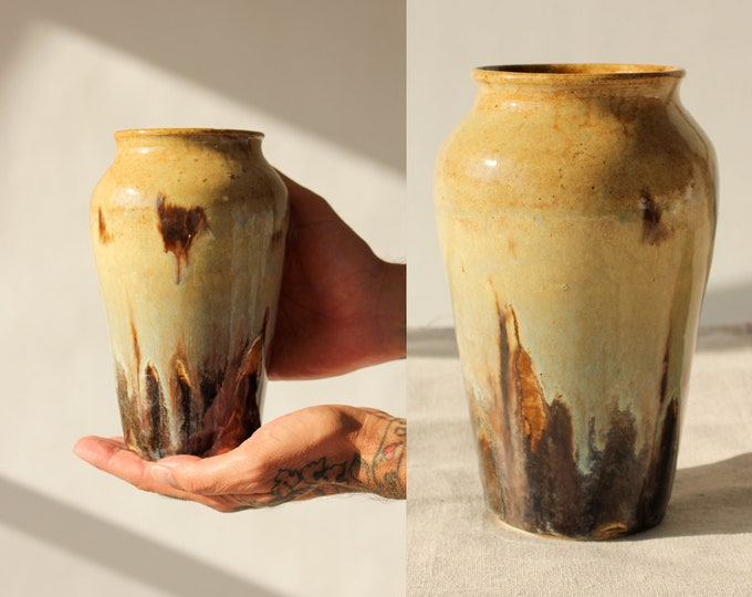 70s Stoneware Vase Brown Drip Earthtone Flower Vase