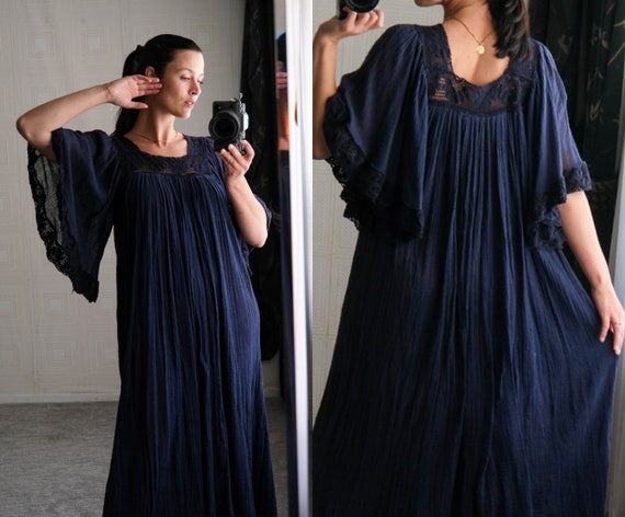 Vintage 70s Navy Blue Gauze Cotton Maxi Fairy Sle… - image 1