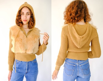 Vintage 70s PLYMOUTH Camel Tan Hooded Wool Knit & Sheepskin Shearling Zip Pullover Sweater | Made in Italy | 1970s Designer Bohemian Sweater