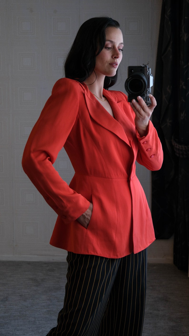 Vintage 80s Claude Montana Blood Orange Power Shoulder Single Button Peplum Tail Blazer Made in Italy 1980s French Designer Power Jacket image 3