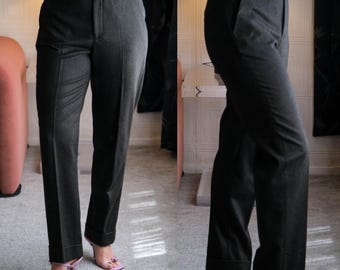 Pantalones SALVATORE FERRAGAMO de tiro medio de cachemir a rayas en espiga color carbón / Hechos en Italia / Pantalones de diseñador FERRAGAMO Y2K 2000s para mujer