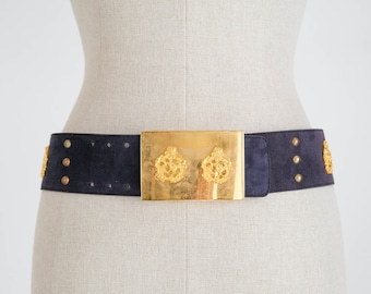 Vintage 80s ESCADA Navy Blue Suede Belt w/ Gold Crest Rivets & Heavy Brass Buckle | Made in W. Germany | 100% Leather | 1980s Designer Belt
