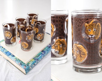 Vintage Embossed Safari Cup Set | Set of 5 | Barware, Vintage Glassware, Party, Hosting, Table Decor | Vintage Glass Cup Set | Bohemian Boho