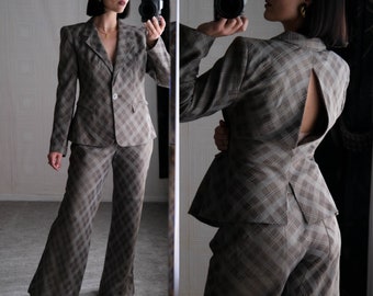 GIORGIO ARMANI Gray Copper Diamond Plaid Cropped Peek-A-Boo Linen Power Blazer Flare Leg Suit | Made in Italy | Y2K ARMANI Designer Suit
