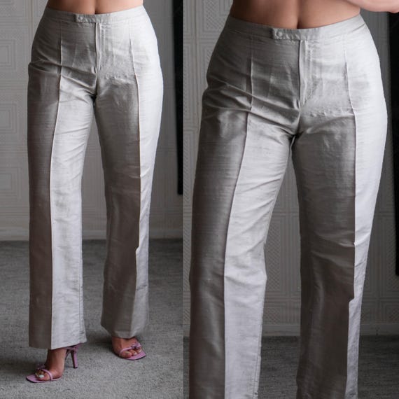 パンツ 90s giorgio armani wide straight slacks Vintage 90s GIORGIO ARMANI Collezioni Raw Silk Silver Mid Rise