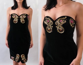 Vintage 90s ESCADA Black Velvet Sweetheart Strapless Mini Dress w/ Metallic Sequin & Beaded Design | Made in Germany | 1990s Designer Dress