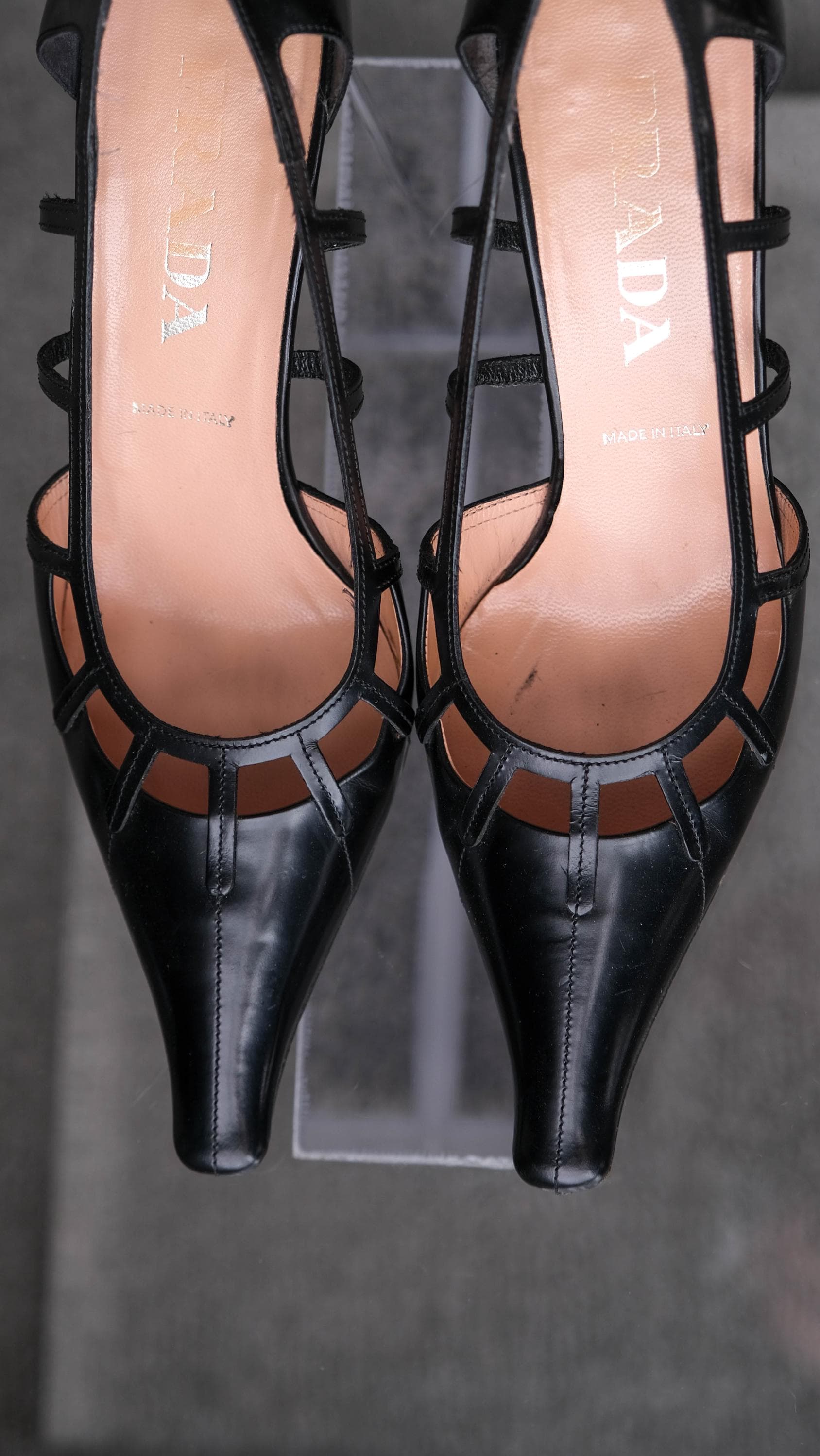 PRADA Black Leather Windowpane Square Pointed Toe Heels | Made in