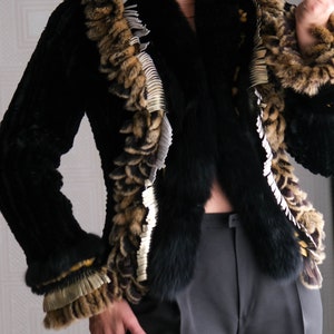 Vintage 90s CEDRICS Black & Tan Frosted Knit Fur Crop Zip Jacket w/ Gold Leather Fringe Cuffs 100% Genuine Fur 1990s Designer Fur Coat image 6