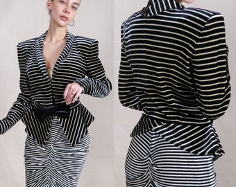 GIORGIO ARMANI Runway Collection Black & Ivory Striped Velvet Peplum Power Blazer w/ Bow Accent | Made in Italy | Y2K ARMANI Designer Jacket