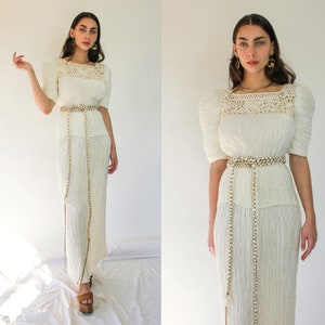 Vintage 80s Mary McFadden Couture Ivory Fortuny Pleated Belted Poof Shoulder Blouse & Skirt Two Piece Set | 1980s Designer Couture Suit Set