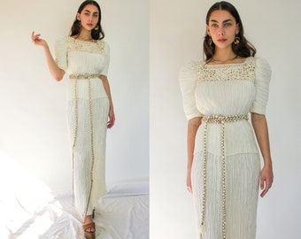 Vintage 80s Mary McFadden Couture Ivory Fortuny Pleated Belted Poof Shoulder Blouse & Skirt Two Piece Set | 1980s Designer Couture Suit Set