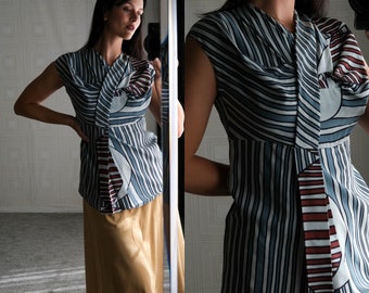 Vintage MARNI Avant Garde Draped Geometric Striped Sleeveless Silk Blouse | Made in Italy | 100% Silk | Y2K 2000s Italian Designer Silk Top