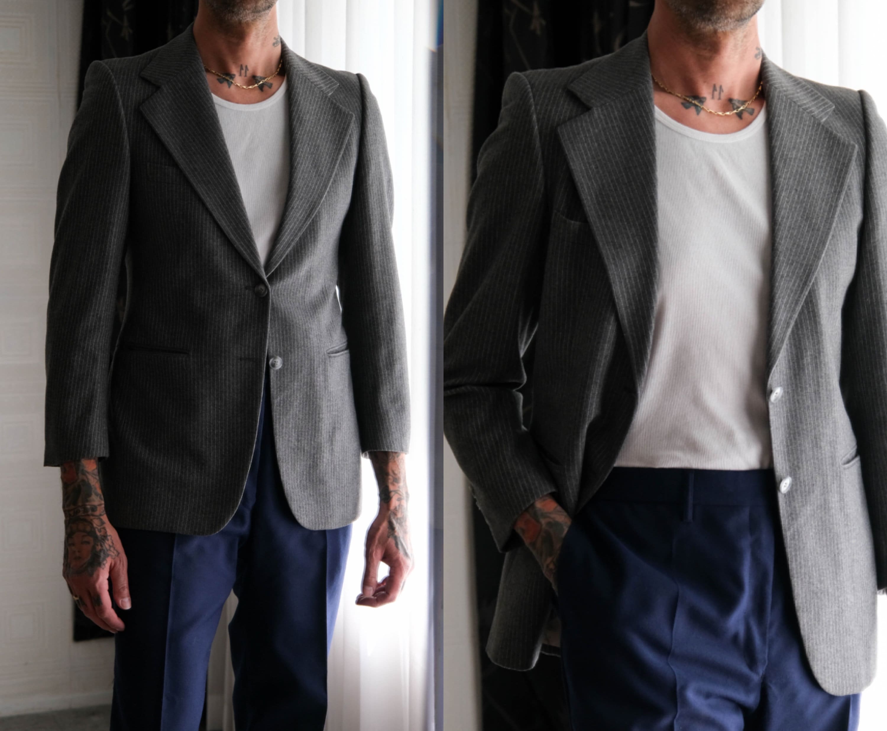 Vintage 70s Yves Saint Laurent Gray Pinstripe Wide Lapel Blazer