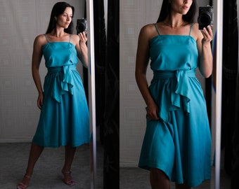 Vintage jaren '70 Carol Horns Habit voor Joseph Magnin Teal Silk Wrap Waist Disco Era Dress | 100% zijde | Jaren 70 designer disco zijden zomerjurk