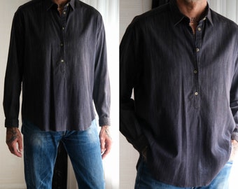 Vintage 80s Giorgio Armani Le Collezioni Indigo Stripe Pullover Chore Styled Shirt | Made in Italy | 100% Cotton | 1980s Designer Mens Shirt