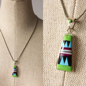 Vintage Italian Sterling Silver Necklace w/ Tribal Glass Zig Zag Charm Made in Italy Missoni Style, Pattern on Pattern, Boho Necklace image 1