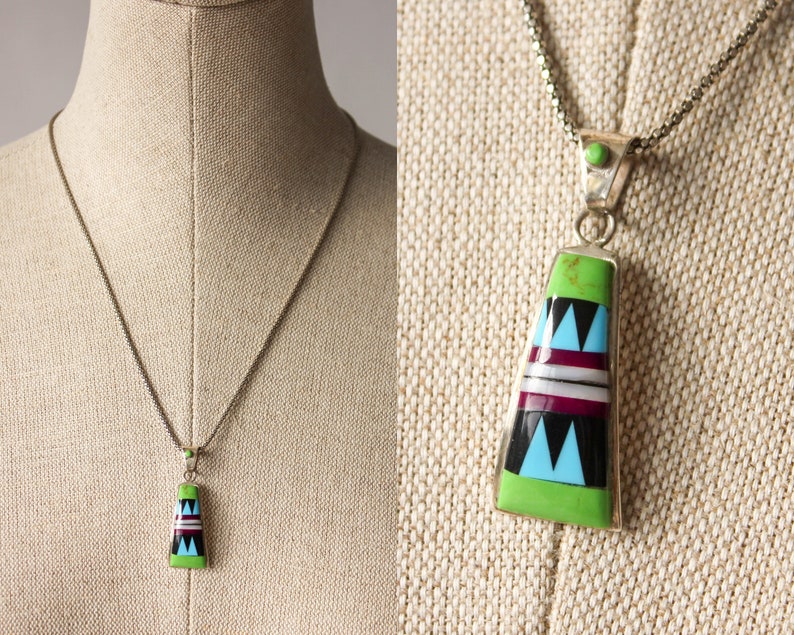 Vintage Italian Sterling Silver Necklace w/ Tribal Glass Zig Zag Charm Made in Italy Missoni Style, Pattern on Pattern, Boho Necklace image 1