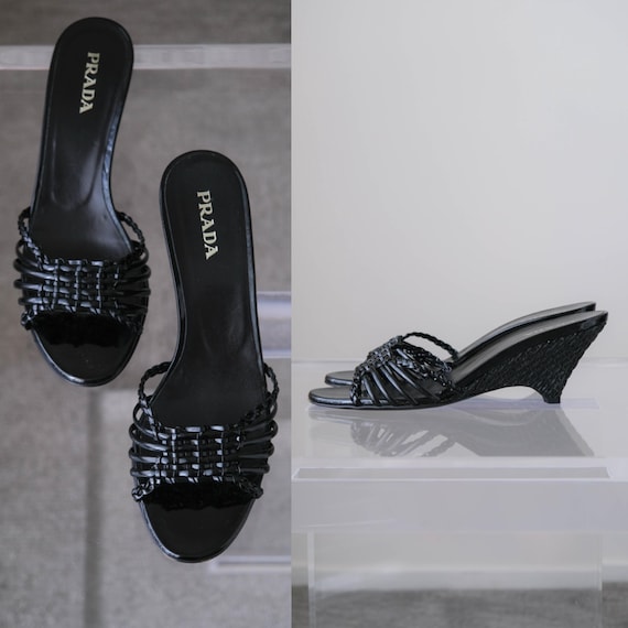 Vintage PRADA 2006 Archival Black Patent Vernice Glamour Woven Cage Kitten Heel Sandals w/ Box & Bags | Size 39.5 | Y2K 2000s Designer Shoes