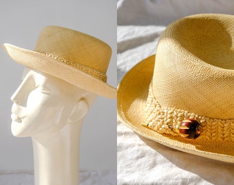 Vintage 70s Adolfo Natural Straw Fedora Sun Hat w/ Raffia Headband & Ornate Wood Hat Pin | Flexible Brim | 1970s Designer Boho Straw Fedora