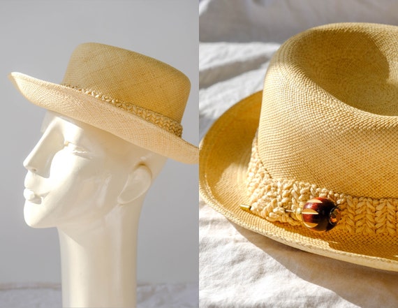 Vintage 70s Adolfo Natural Straw Fedora Sun Hat w… - image 1
