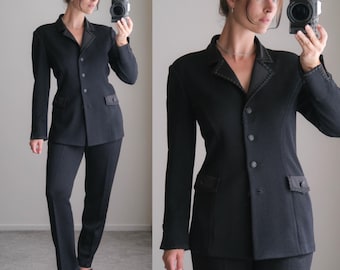Vintage 90s ST. JOHN Marie Gray Black Santana Knit Soutache Trim Satin Lapel Tuxedo Jacket & Pant Set | Made in USA | 1990s Designer Suit