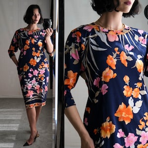 Vintage 60s LEONARD PARIS Navy Cotton Short Sleeve Floral Print Dress | Made in Italy | 100% Cotton Jersey Knit | 1960s Designer Cotton