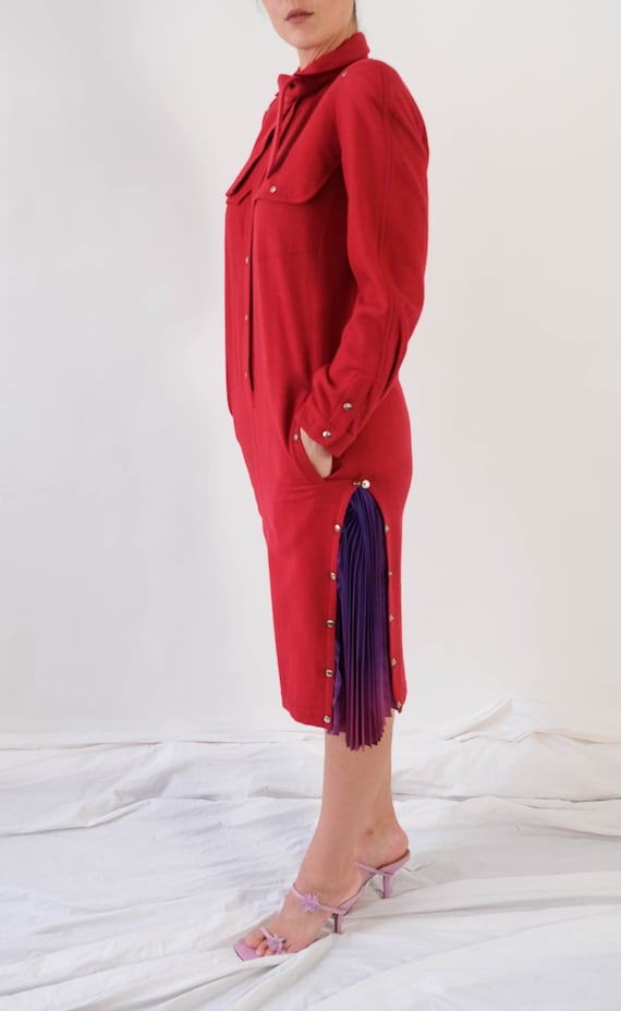 Vintage 80s Thierry Mugler Crimson Wool Shift Dre… - image 3