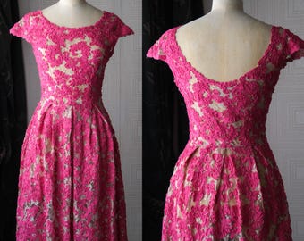 Vintage Y2K Yoana Baraschi Magenta Pink Ribbon Soutache Sheer Pleated Skirt Day Dress | Made In India | 2000s Tea Party Mini Day Dress