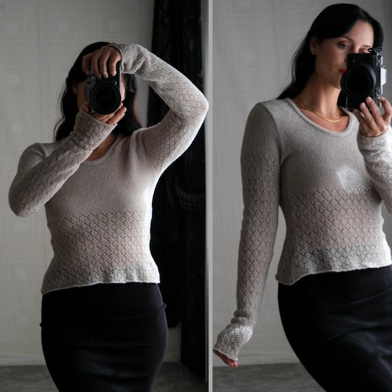 Dries Van Noten, Vintage 90s Dries Van Noten Gray Metallic Snow Flake Fuzzy Knit Cropped Sweater Top | Made in Belgium | Rayon/Nylon | 1990s Designer Sweater