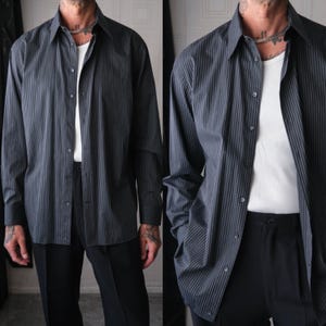 Vintage Y2K GIORGIO ARMANI COLLEZIONI Black & Ivory Vertical Stripe Dress Shirt | 100% Cotton | 1990s 2000s Armani Designer Mens Shirt