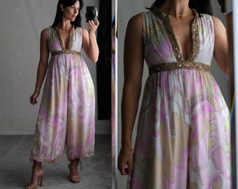 Vintage 60s Pink Silk Pucci Style Print Harem Jumpsuit w/ Crystal Jeweled Soutache Trim | 1960s Ethereal Psychedelic Designer Silk Jumpsuit