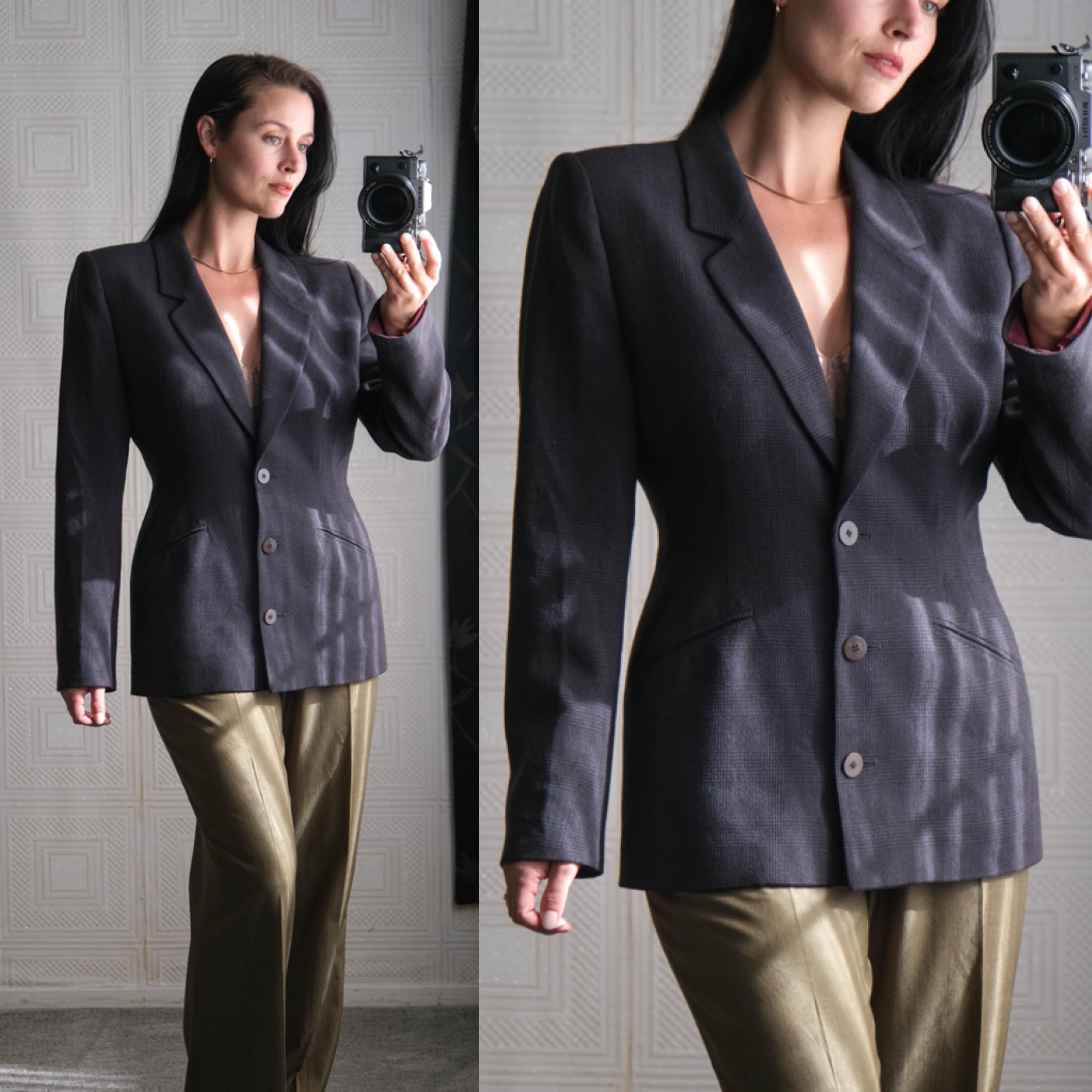 Vintage 90s BARNEYS NEW YORK Charcoal Crepe Wool Shadow Tartan