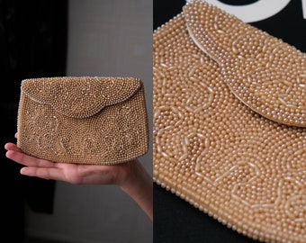 Vintage 40s Pearlescent Beaded Clutch Coin Bag w/ Scalloped Flap Closure | Made in Japan | 1940s Collectible Handbag | Giftable