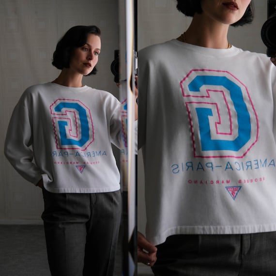 Guess, Vintage 80s GUESS Georges Marciano Ivory & Pastel Boxy Puff Print Crewneck Sweatshirt | Made in USA | 1980s Designer Streetwear Sweatshirt